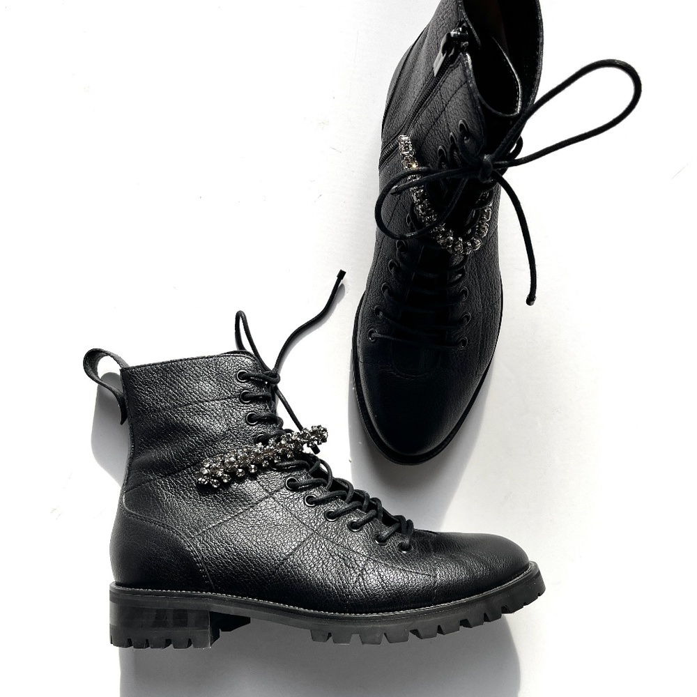 Authentic Jimmy Choo Cruz Crystal Embellished Combat Black Ankle Leather Boots